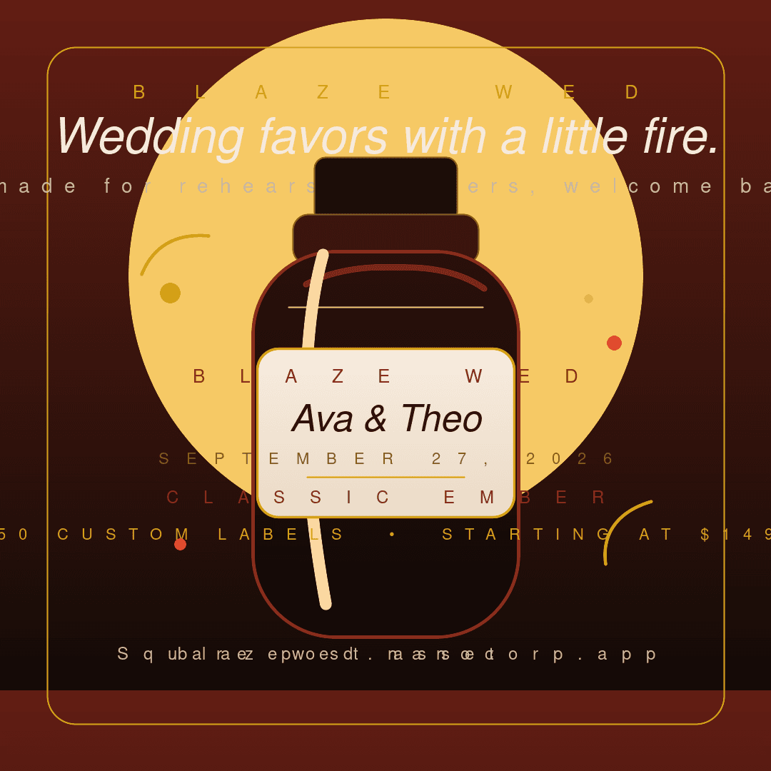 Square Blaze Wed social graphic featuring a custom wedding hot sauce bottle label for Ava and Theo.
